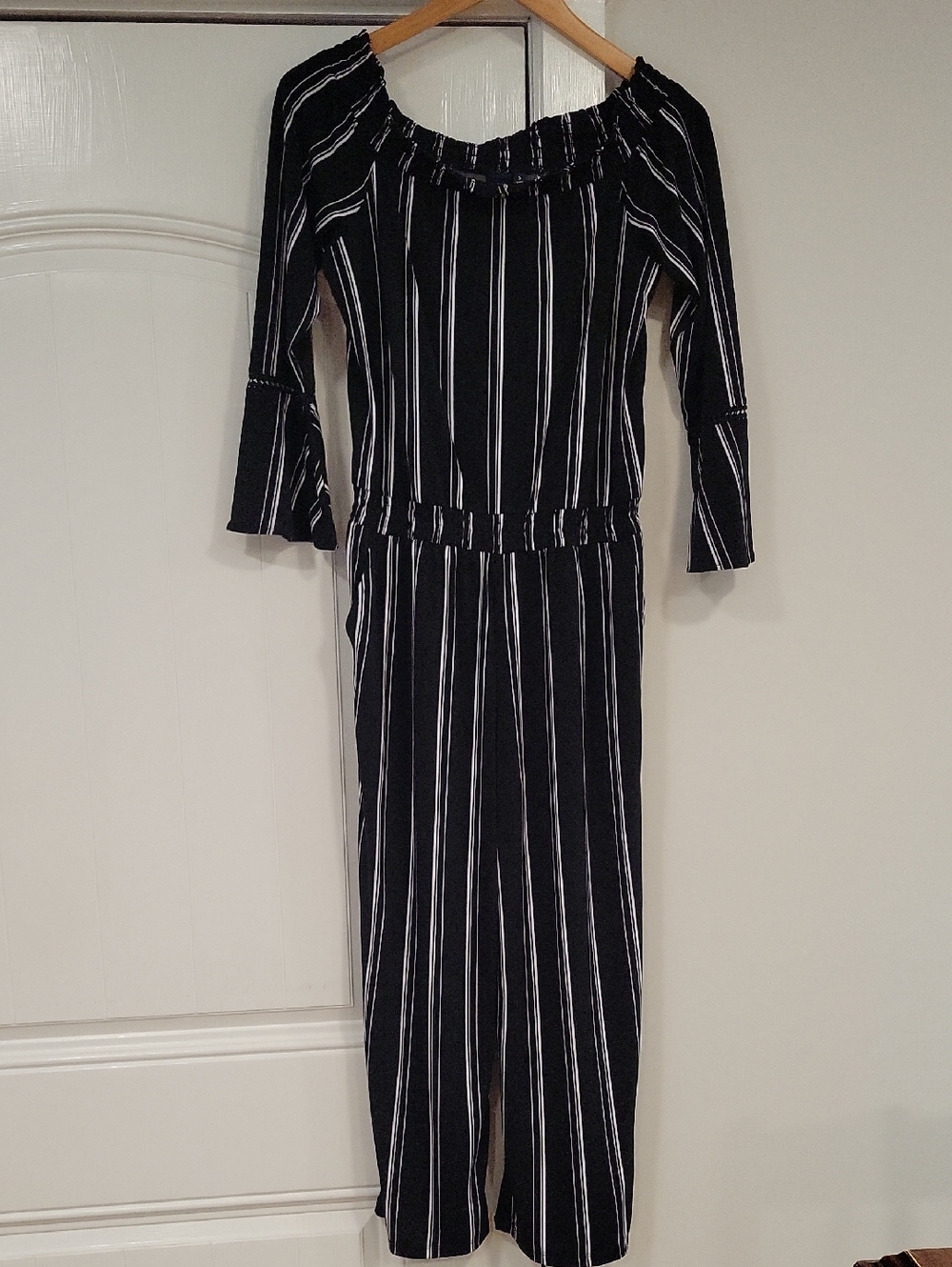 Kaari Blue Off-Shoulder Jumpsuit Small Black & White with POCKETS & Bell Sleeves